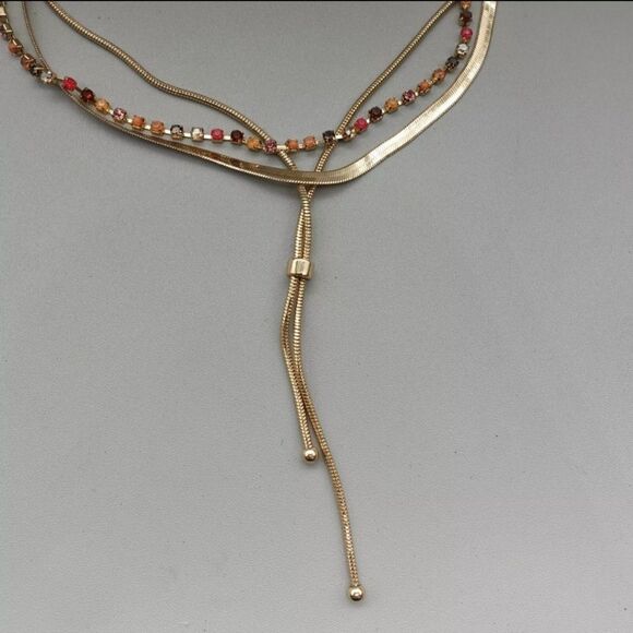 LOFT Necklace Multicolor Rhinestones Gold Tone Herringbone Layered Chains - Picture 5 of 9